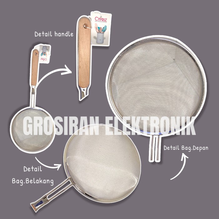Cypruz Saringan Halus Minyak Bawang Ceper Gagang Kayu Ayakan Masak