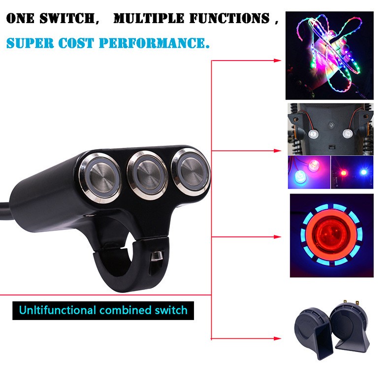 Saklar ON OFF LED 3 Tombol Klakson Besi Stang Motor Push On Momentary