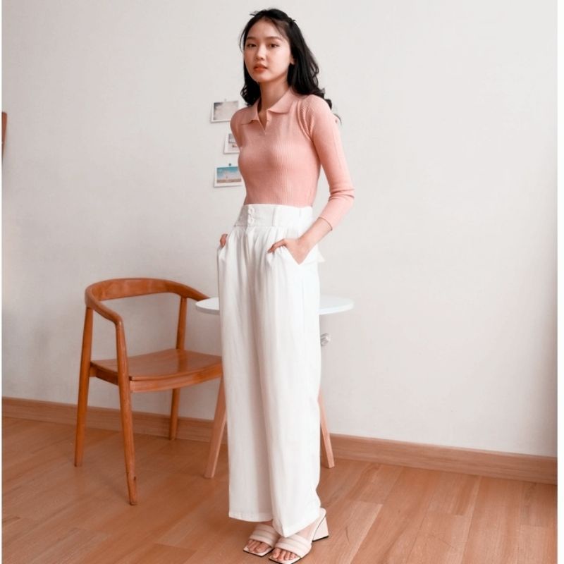 ARAYA POLO ATASAN WANITA BB 30KG - 55KG MELAR KERAH POLO WANITA rajut PREMIUM-Pink dusty