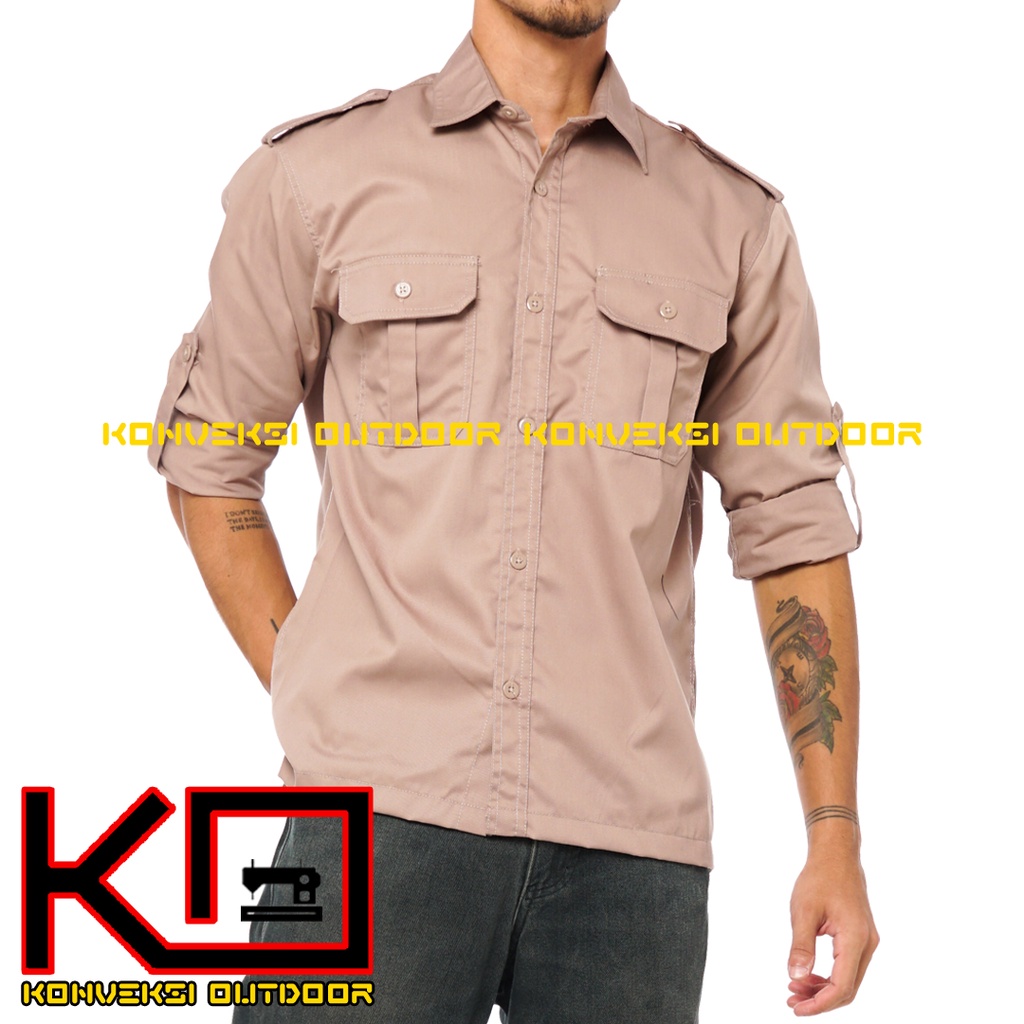 BAJU KEMEJA PDL LAPANGAN OUTDOOR INDOOR PRIA LENGAN PANJANG - Seragam Kerja Kantor Group Kemeja Lapangan Outdoor Gunung Taktikal Comunitas Kemeja Dinas PDH PNS Cargo Safari Paspampres Security Satpam Tactical Americand Drill American America - Warna Khaki