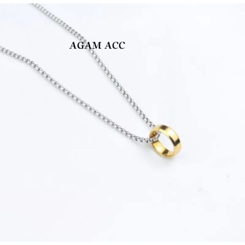 Kalung Titanium Model Rollo + Liontin Cincin//Kalung Titanium Pria dan Wanita Anti Karat 2mm