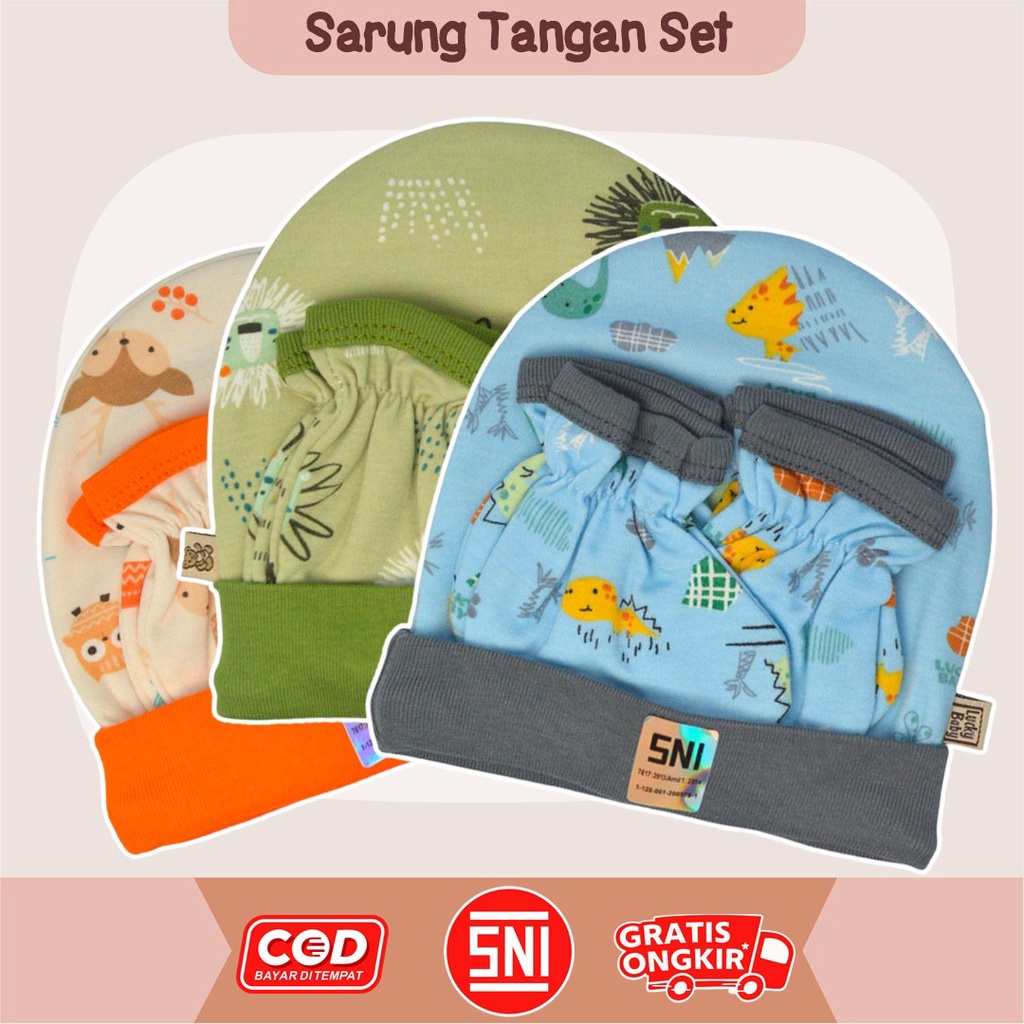 TOPI SARUNG TANGAN DAN KAKI LUCKY BABY PRINT PREMIUM