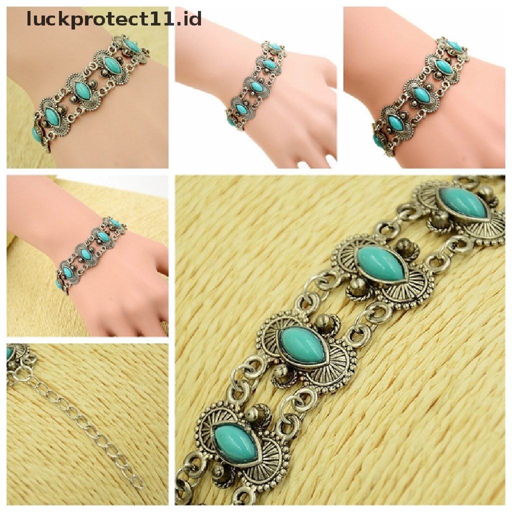 Gelang Bangle Warna Silver Turquoise Gaya Bohemian Untuk Wanita