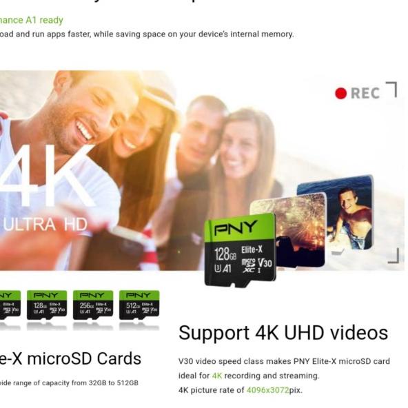 microSD 128GB XC U3 V30 PNY Elite-x 100Mb/s 100% Original