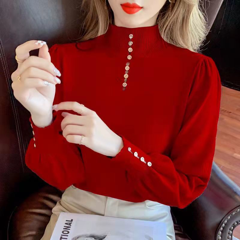 Setengah turtleneck sweater wanita 2022 musim gugur dan musim dingin baru bottoming kemeja gaya Barat lengan puff rajutan lengan panjang atas longgar di luar