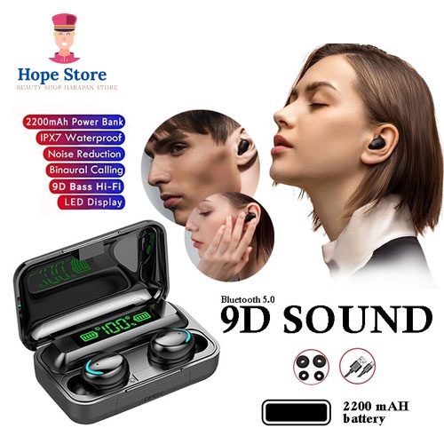 HOPE STORE  - （TERBARU）TWS Wireless Earphone Headset Bluetooth 5.0 With Mic 9D Bass HiFi Stereo Waterproof 2200mah Power Bank