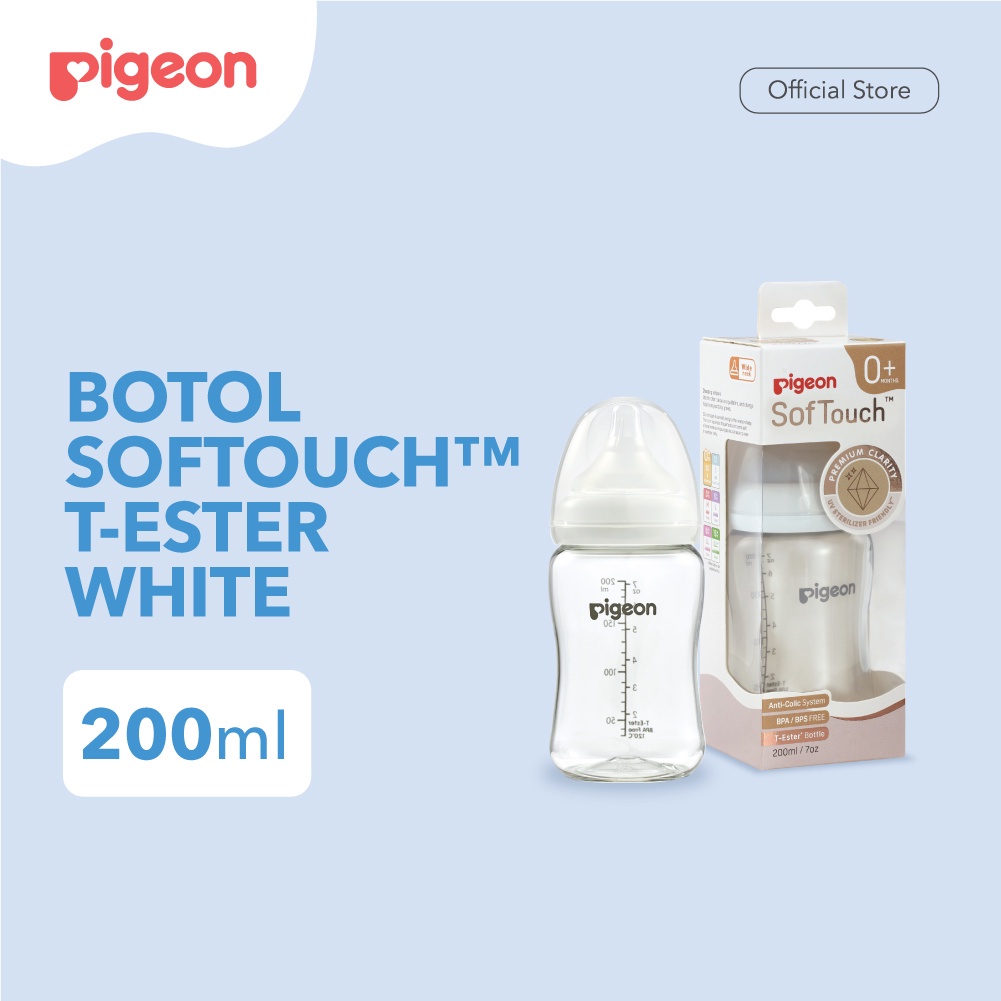 Botol Susu Bayi PIGEON T-Ester Wide Neck 200ml White W/ P-Plus Nipple