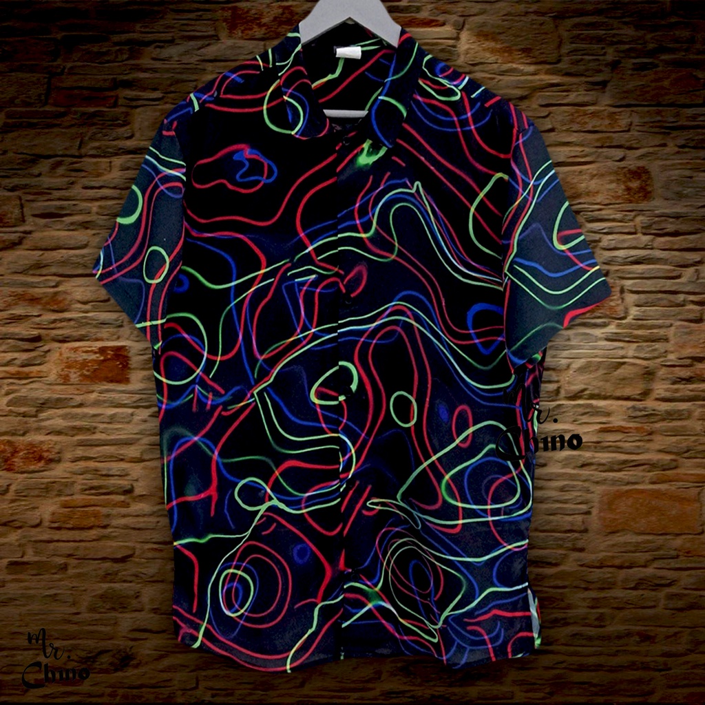 Baju Kemeja Motif RGB Beams | Kemeja Hitam Pria Wanita Casual Kekinian | Kemaja Pantai Hawai Import 