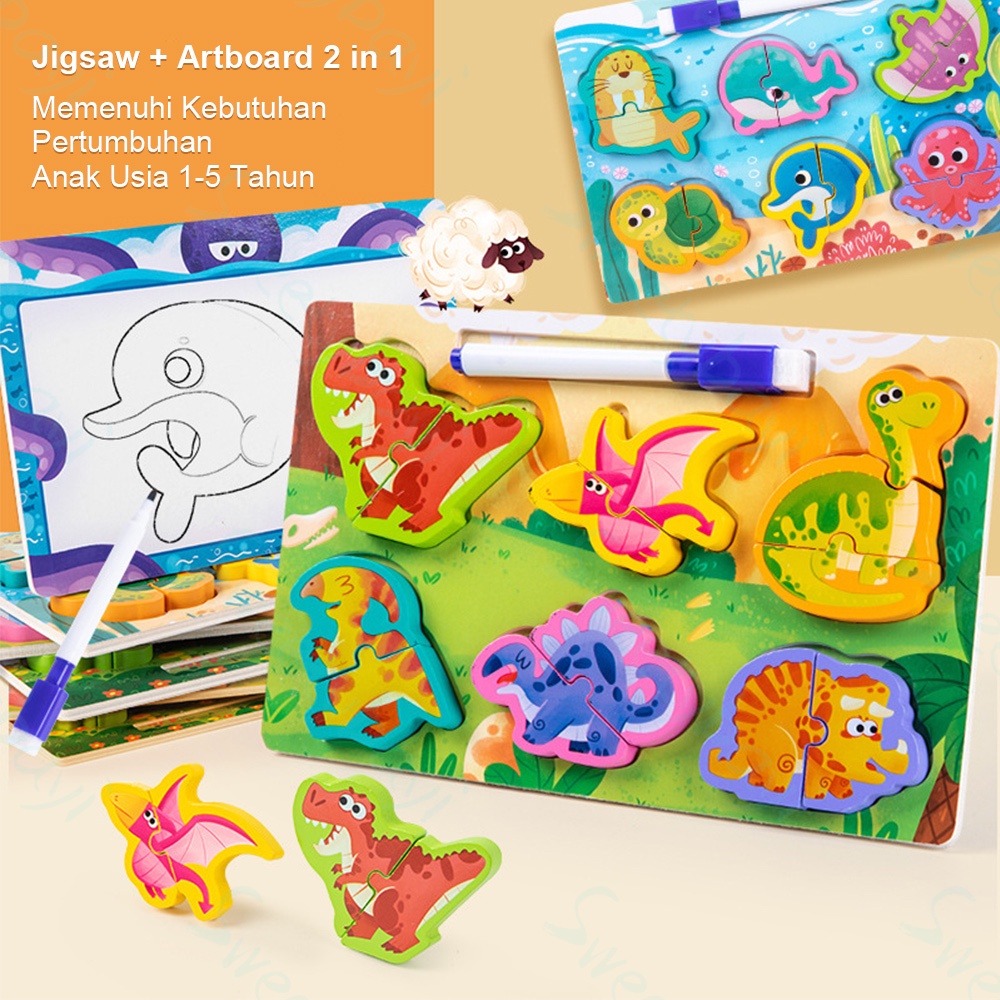 Sweetybayi 2in1 Puzzle kayu mainan edukasi Kartun Jigsaw Puzzle 3d wooden toys