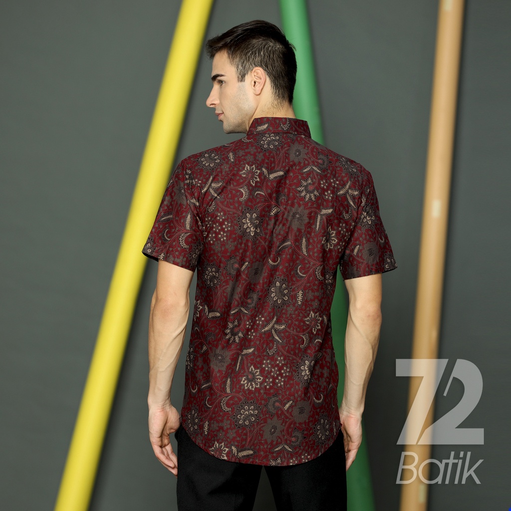 KEMEJA BATIK PRIA Lengan Pendek Premium Kembang Setaman Merah Maroon 722665 Cap 72 - Baju Kemeja Atasan Pakaian Setelan Batik Pria Cowok Laki Laki Remaja Keluarga Kantor Lengan Panjang Modern Slimfit Slim Fit Premium Kekinian