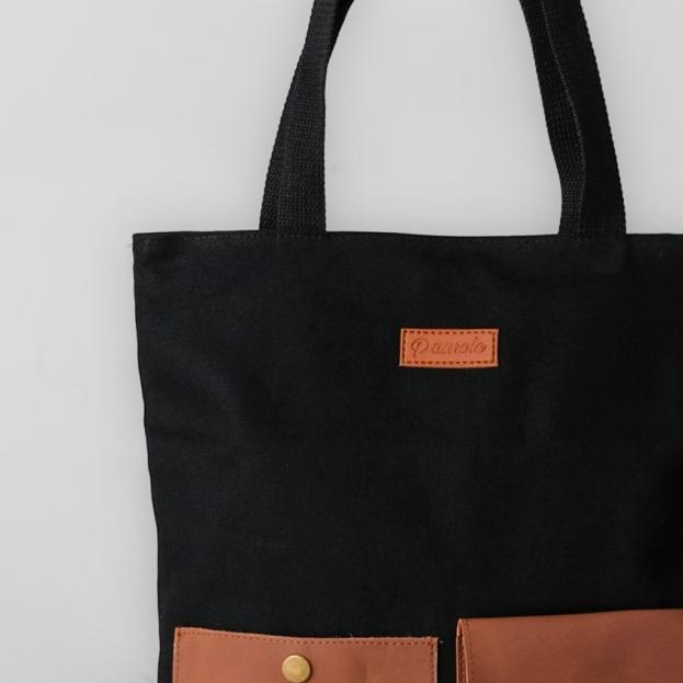 Pamole - Two Pocket Tote bag Kanvas Penutup Resleting Kombinasi Kulit