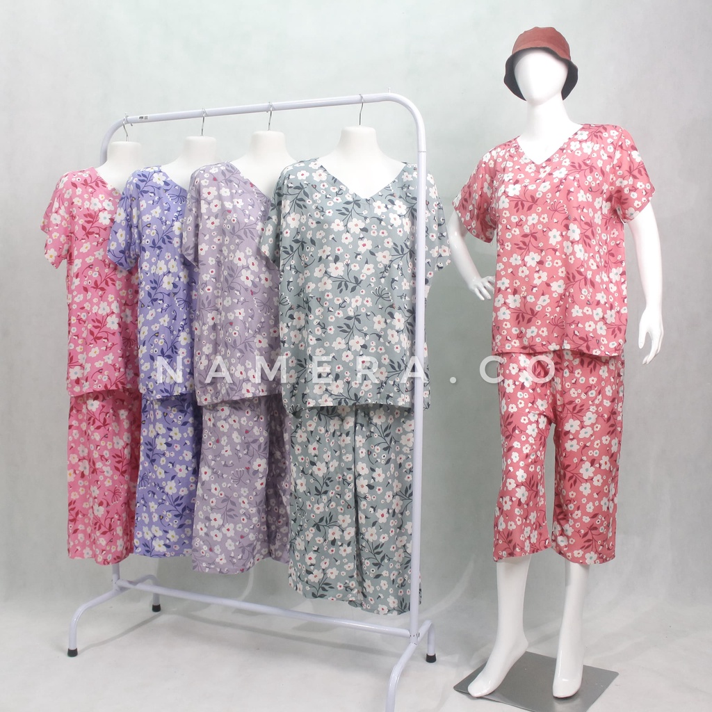 Baju Tidur Wanita | Piyama Vneck | Kulot Celana Pendek 7/8 |  Setelan Oneset Rayon Model Celana 7/8