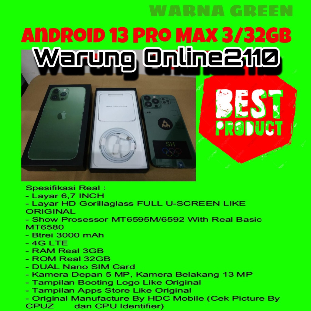 HANDPHONE ANDROID 13 PRO MAX 4G ULTIMATE FS HDC , RAM 3GB/32GB - WARNA GREEN