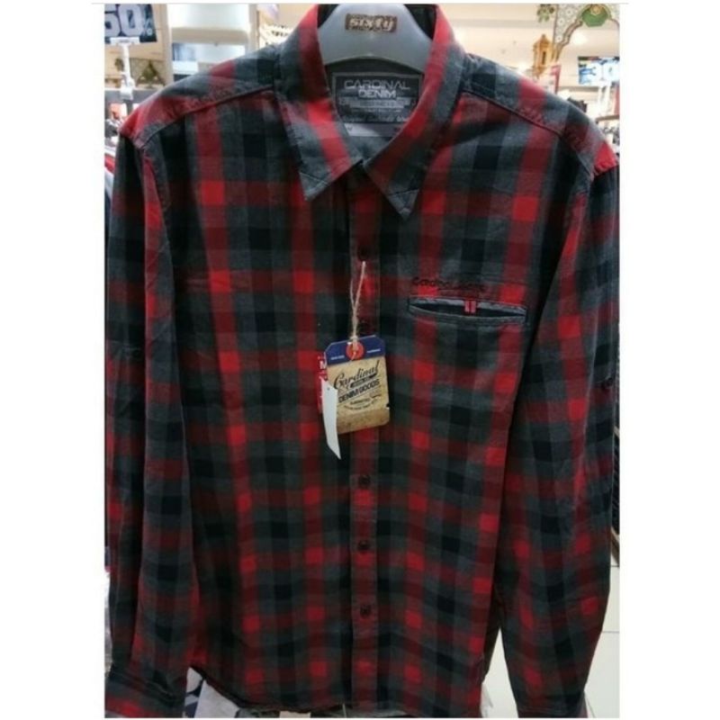 Cardinal jeans original mens EKI5K93J 11 kemeja panjang pria katun berkantong merah