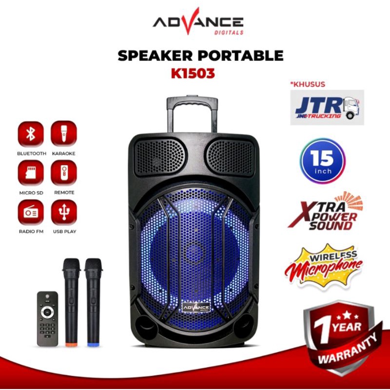 Speaker portable advance k1503 15 inc bluetooth free mic 2 wireless / advance k1503 mic 2 wireless