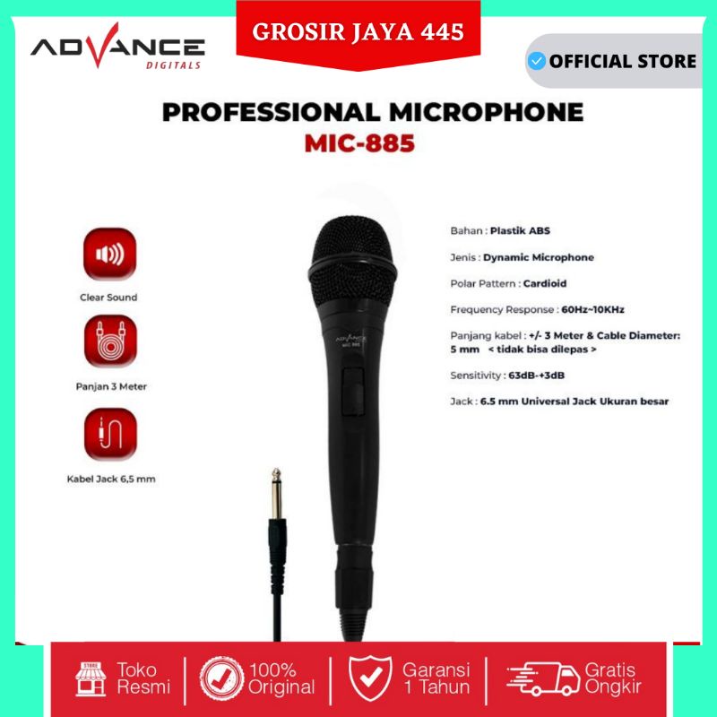 Advance MIC 885 Single Profesional Dynamic Microphone Speaker Mic Kabel Microphone Premium Jack Besar 6.5MM