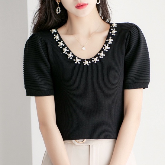 【Elegant】Korean Retro Soft Knit V Neck T-Shirt 2354