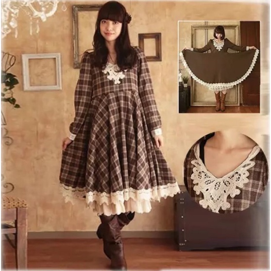 B1606 DRESS PLAID COKLAT LOLITA RENDA WOOL LENGAN PANJANG