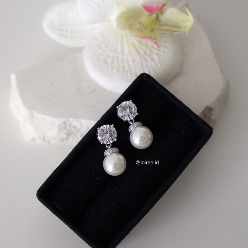 LILOU | Wedding Collection - Zirconia Solitaire Pearl Stud Bridal Earrings - Anting Wanita