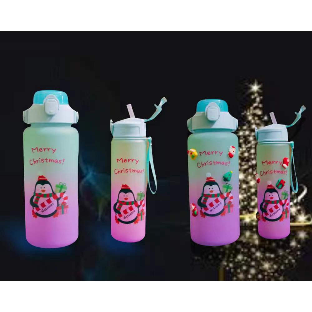 Botol Minum gradasi couple merry christmas lucuu Free Goodie Bag kapasitas 2 Liter sama 900 ml