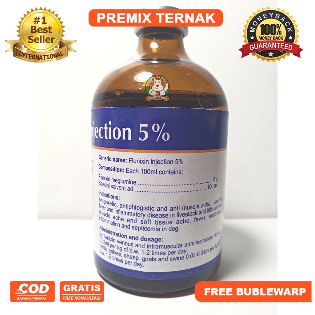 FLUNIXIN Injeksi 5% 100ml | obat hewan bengkak pincang obat Analgesik obat Anti Nyeri Anti Piretik obat anti meriang Anti Inflamasi anti Radang, Anti Racun | GLOBE VET