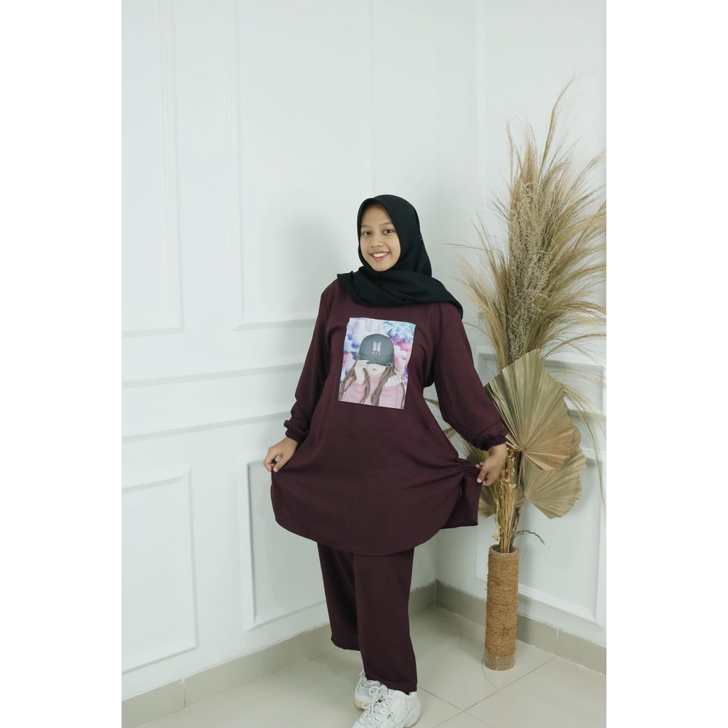 BTS SET BAHAN CRINKLE AIRFLOW JUMBO UKURAN M L XL DAN XXL MOTIF POLOS APLIKASI SABLON SETELAN WANITA KEKINIAN FASHION MUSLIM TERBARU 2022 ONE SET WANITA KOREAN STYLE ATASAN DAN BAWAHAN CASUAL WANITA SET SEHARI  HARI WANITA