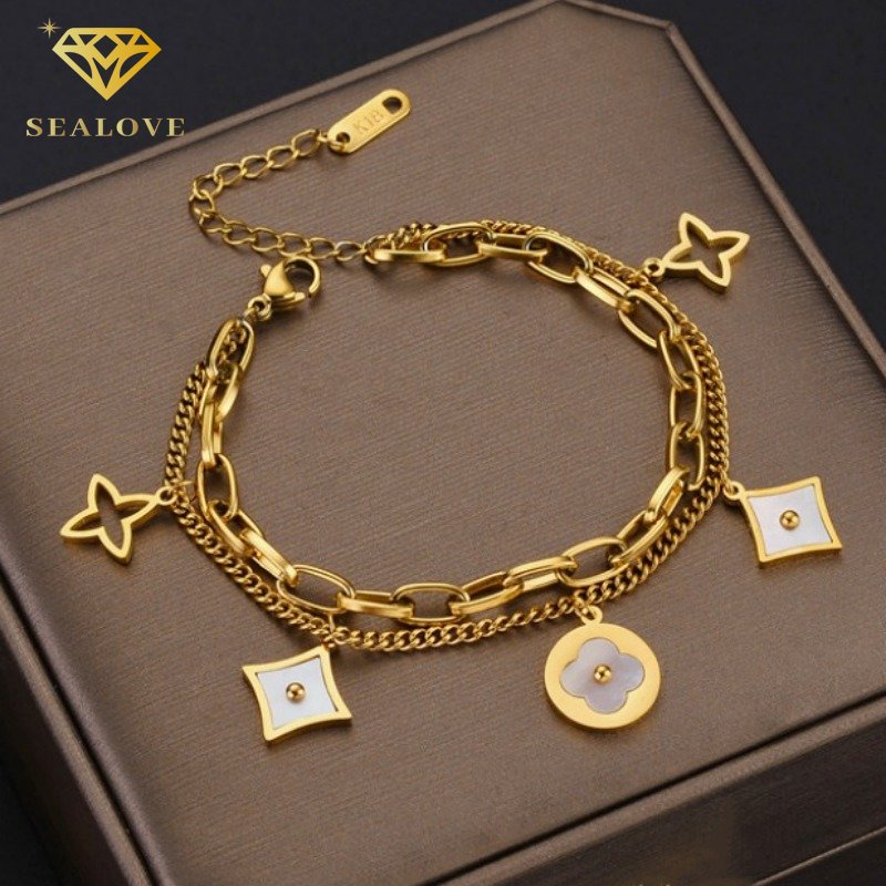 Gelang titanium anti karat 18k emas ganda empat daun semanggi