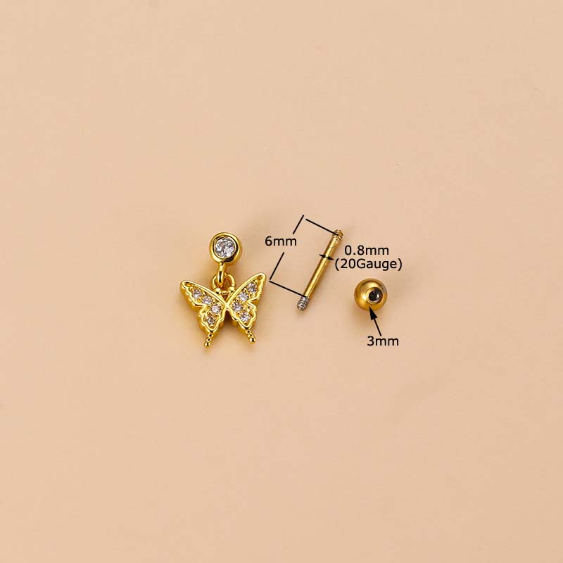 1pc Anting Stud Desain Kupu-Kupu Daun Menjuntai Bahan Stainless Steel Dengan Zircon