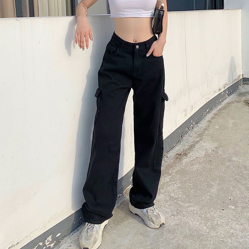 Red Harajuku versi Korea dari street jeans wanita longgar all-match overall saku tabung lurus mengepel celana kasual menggantungkan menari