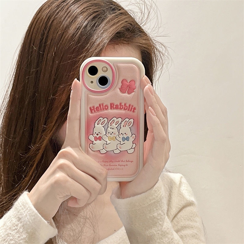 Case Desain Tiga Kelinci Pink Aksen Pita Untuk IPhone 12 13 14 11 Pro Max Xxsdcd
