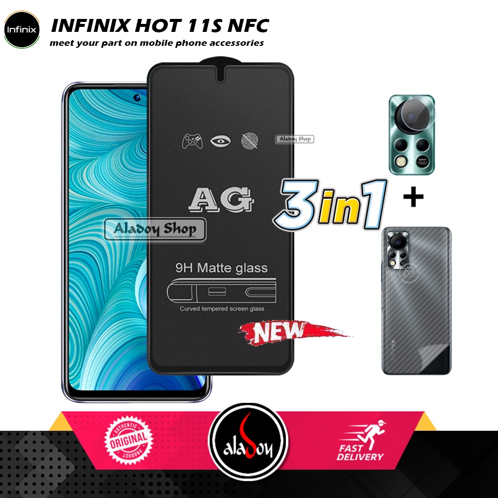 Paket 3IN1 Tempered Glass Layar Matte Anti Glare Infinix Hot 11S Nfc Free Tempered Glass Camera dan Skin Carbon