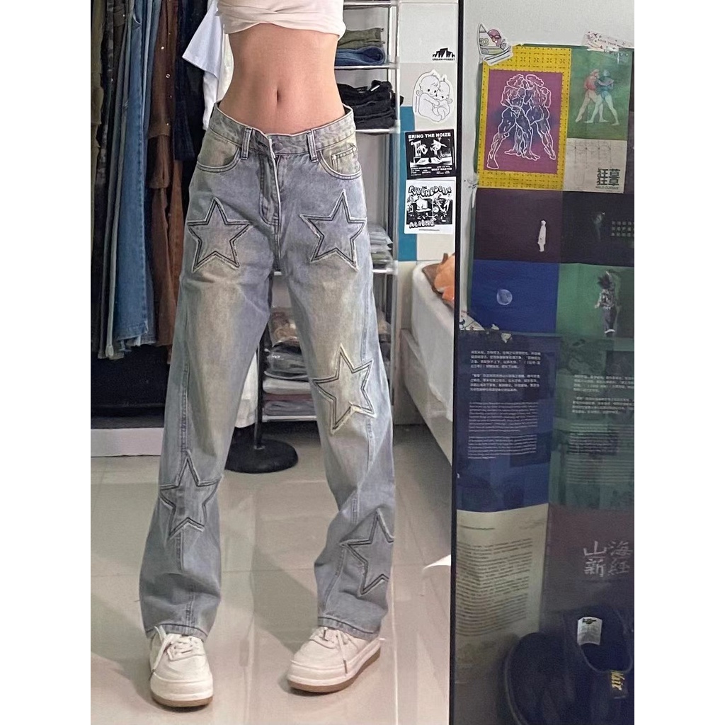 Suhao Amerika INS High Street Star Patch Bordir Jeans Wanita Musim Gugur Pinggang Tinggi Retro Dicuci Longgar Lebar Kaki celana