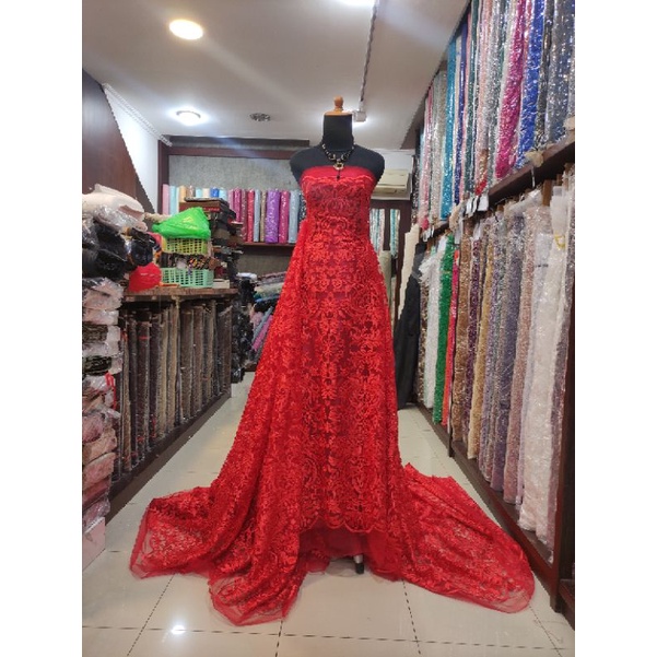 Kain Tile Brokat Lace Velour Merah no:06