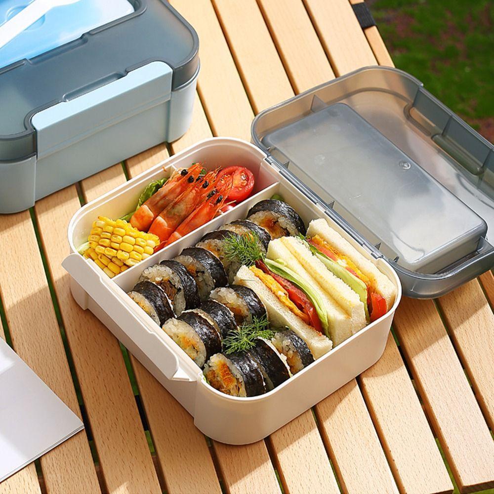 Top Lunch Box Microwavable Rectangle Grid Dengan Sendok Wadah Makanan