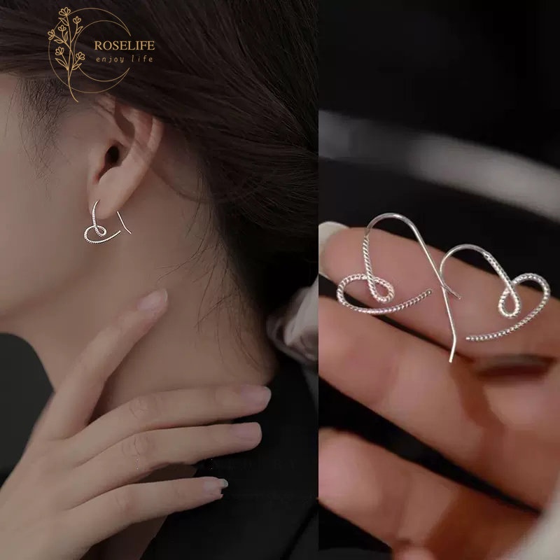 Roselife Anting Tusuk Gantung Bentuk Hati Hollow Bahan Silver S925 Untuk Wanita