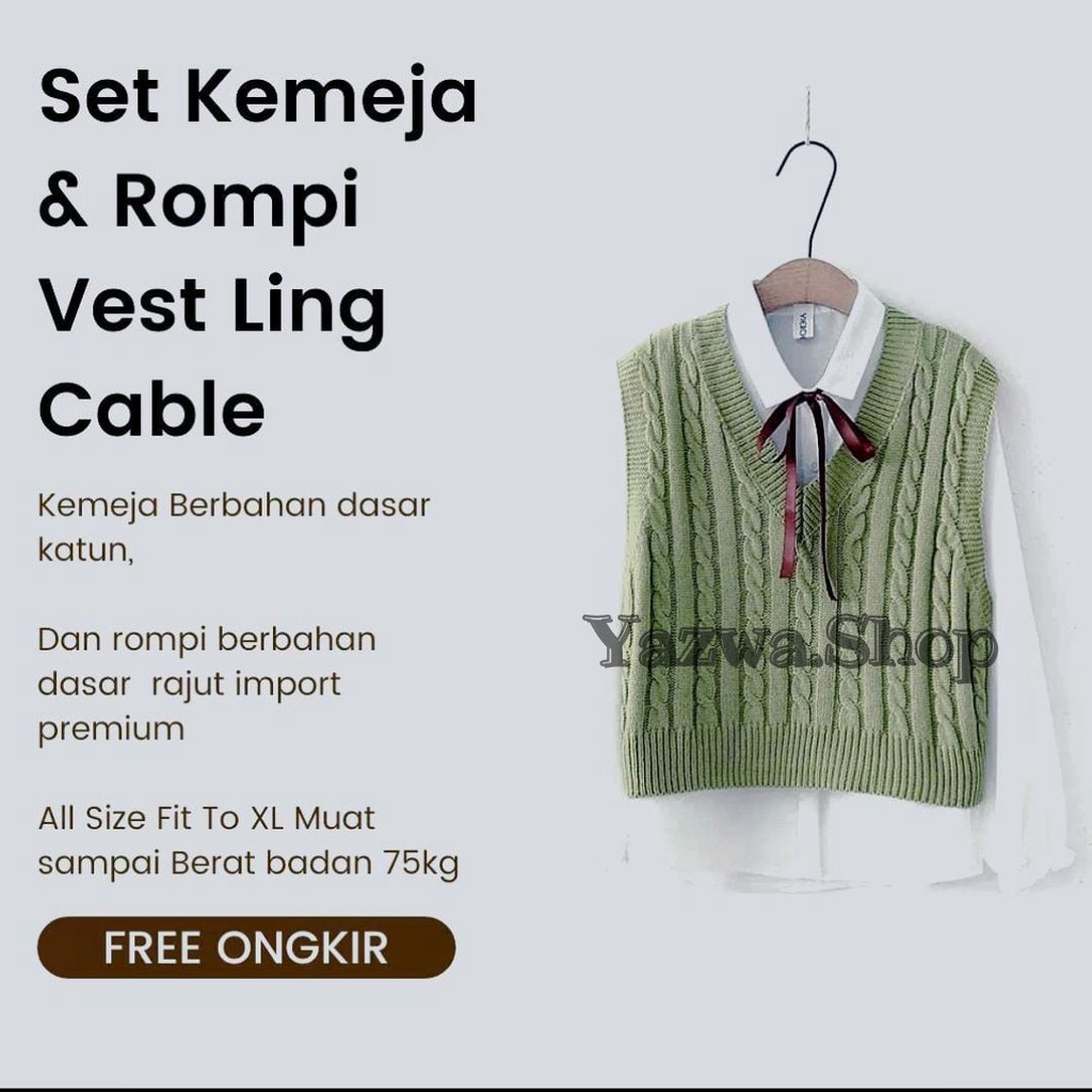 TERBARU Set Rompi Vest Cable Rajut Wanita Dewasa Dan Kemeja Putih / Rompi Vest Cable Rajut Wanita / 