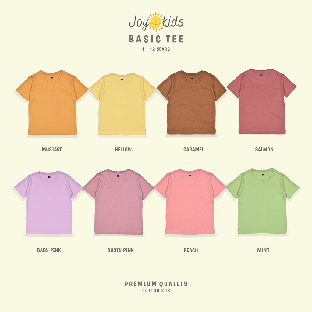 Joy Kids Kaos Anak anak Polos Lengan Pendek Unisex Premium Cotton 30S Warna Terbaru 1-12 Tahun