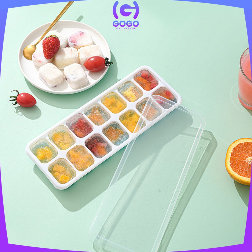 GOGO-C532 Cetakan Es Batu Dengan Tutup Bentuk Kotak Bahan Silikon Serbaguna / Ice Cube Tray 14 Slot / Cetakan Coklat Pudding Jelly