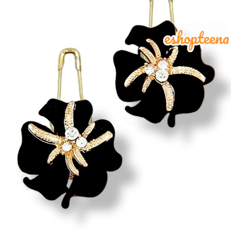 A64 Anting hijab 2in1 (anting jepit &amp; peniti) bunga warna gold _anting jilbab