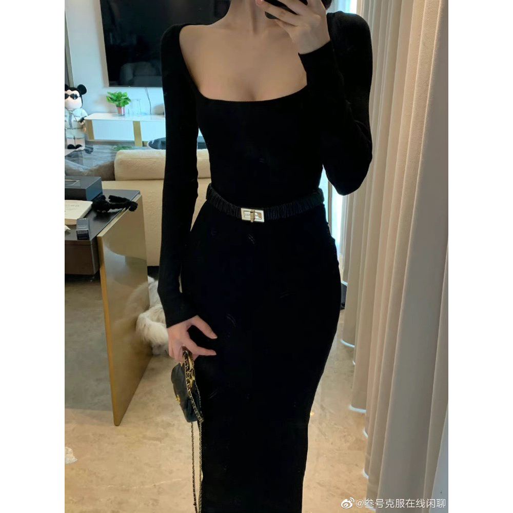 Spot jenaka cinta Lu Shan gaya yang sama hitam murah hati kerah seksi lengan panjang slim fit hip dress rok panjang perempuan