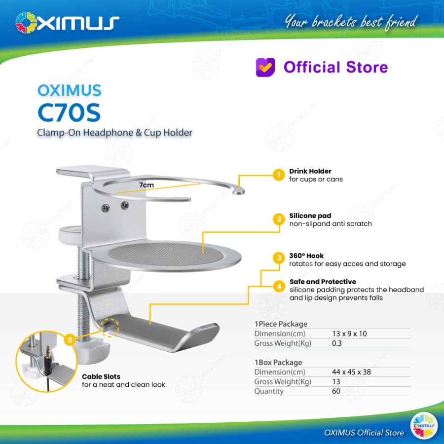 Deskmount Jepit MejaOXIMUS C70S Clamp On Headphone / Cup Holder