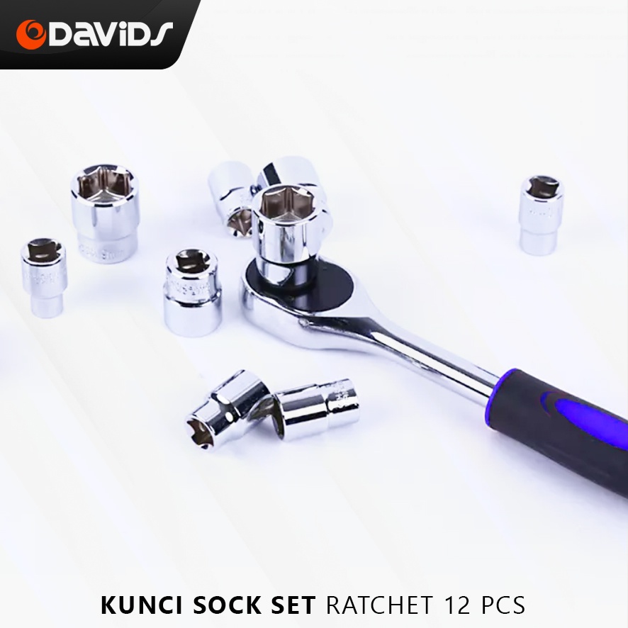 Kunci Socket Set Shock Sock Sok Shok Ratchet Krek Wrench Tools 12 Pcs