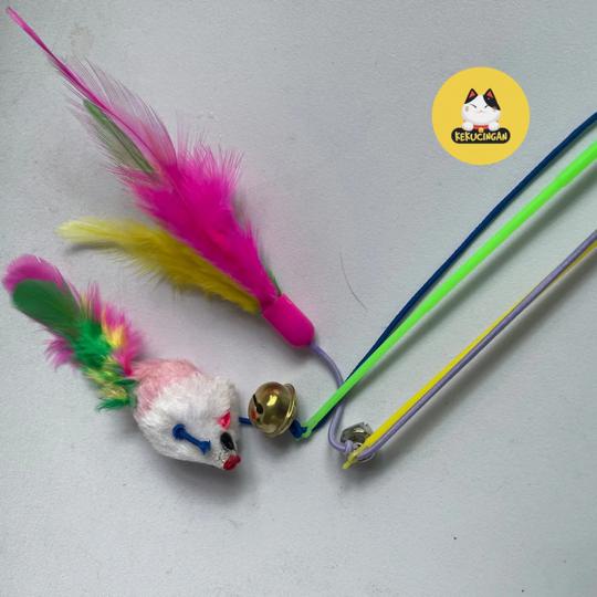 Mainan Kucing Stik Pancing Warna Warni Dengan Lonceng Kemrincing