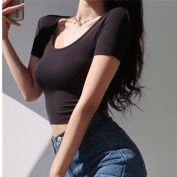 Korean Short Sleeve Rib Crop Top Kaos Wanita Lengan Pendek 1454 (S-XL)