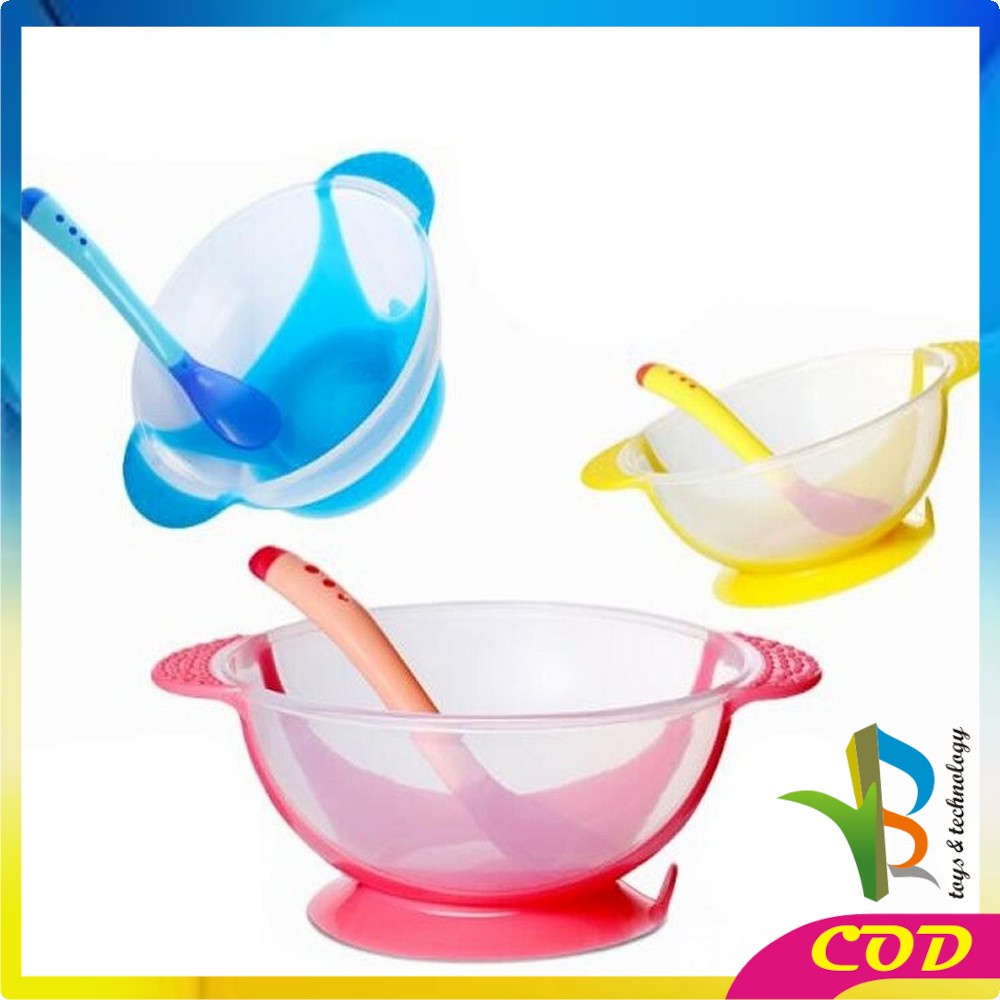 RB-C123 Mangkok + Sendok Makan Bayi Sensor Panas Mangkuk Tempat Makan Bayi Anti Tumpah Suction Bowl