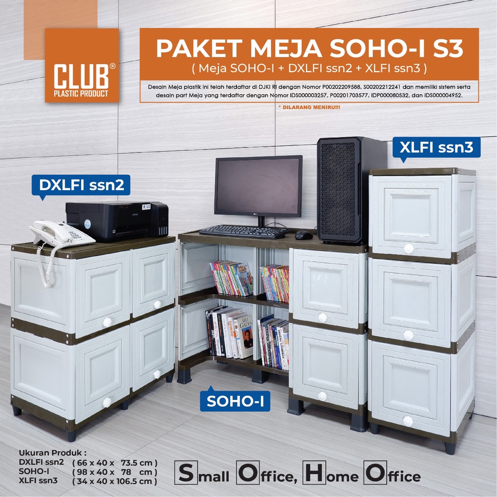 CLUB Paket Meja SOHO-I S3 - Paket Hemat Set Meja Dan Lemari Kabinet Plastik - Paket Praktis Meja Ker