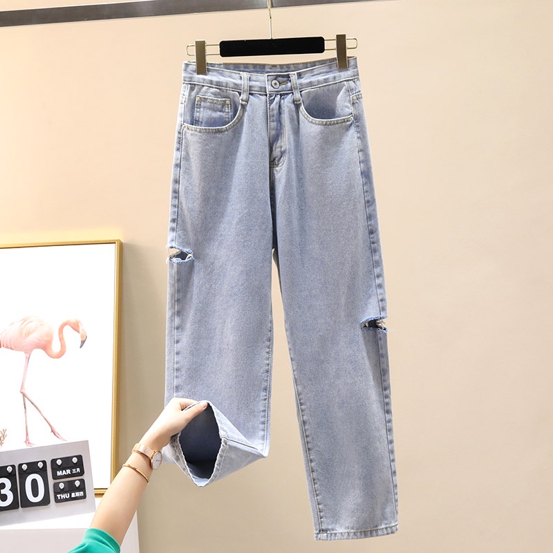 Robek-robek highwaist  loose celana jeans wanita Ukuran Jumbo