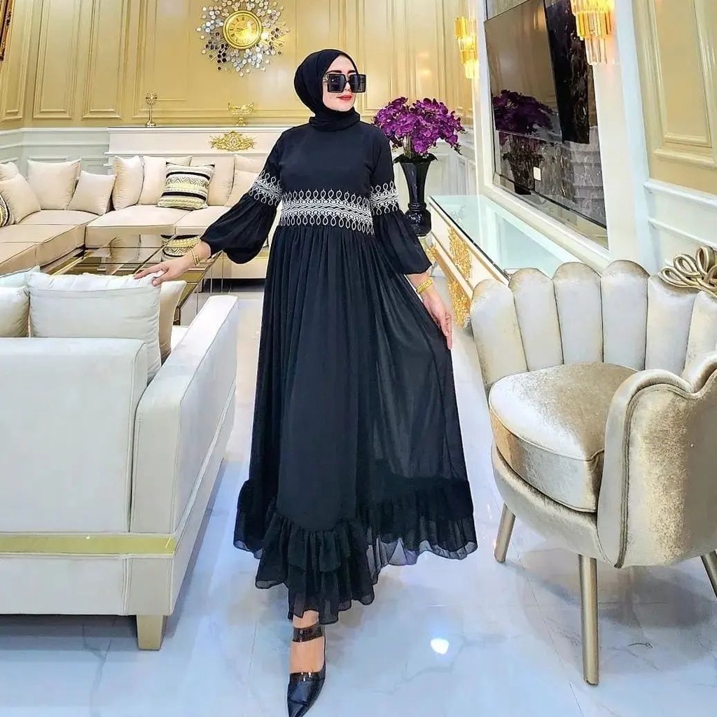 Sherina Dress Ceruty Babydol Aplikasi Renda full puring Dengan rempel list di bawah / Dres Putih Kekinian / Pakaian Muslim wanita Terbaru / Baju kondangan Cewek / Gamis Cantik