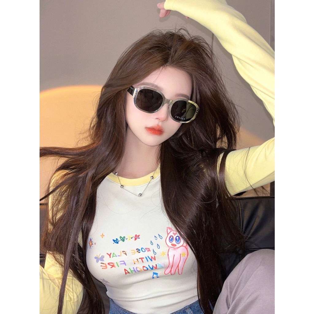 Red Warna kontras manis dan murni bernafsu musim gugur lengan panjang atasan wanita versi Korea dari kemeja bottoming t-shirt ramping dan tipis dengan ins