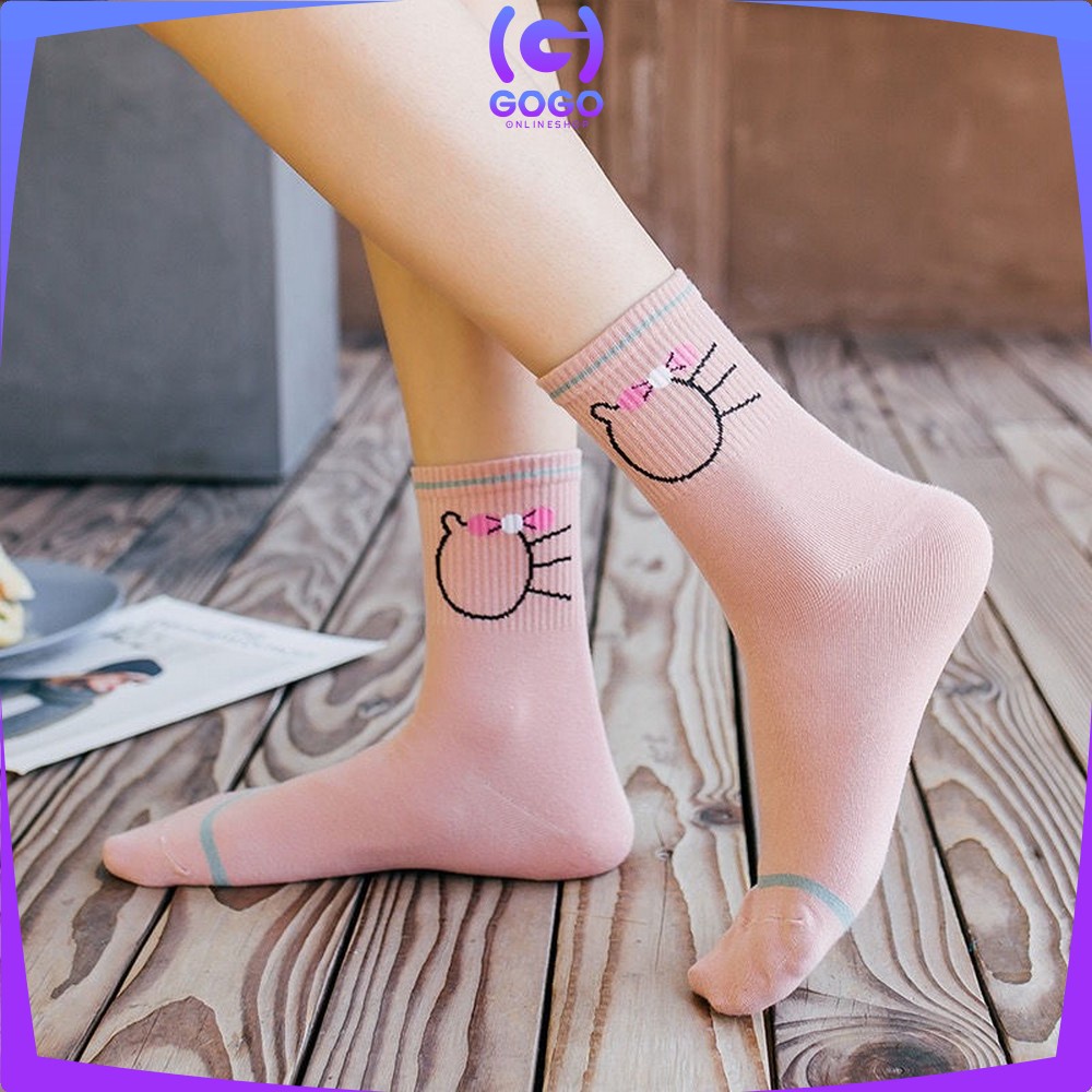 GOGO-P257 Kaos Kaki Motif Garis Kucing Panjang Semata Kaki Kaoskaki Pendek Wanita Ankle Socks Ala Korea Semata Kaki Import